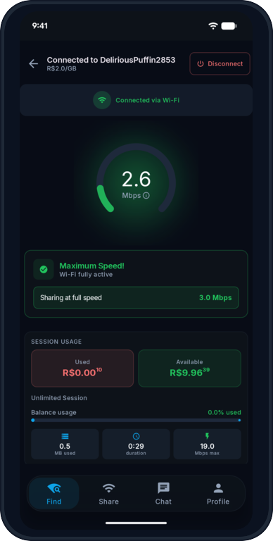 Connected session showing speed and usage