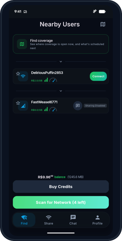 Nearby list with a sharer and a Connect button